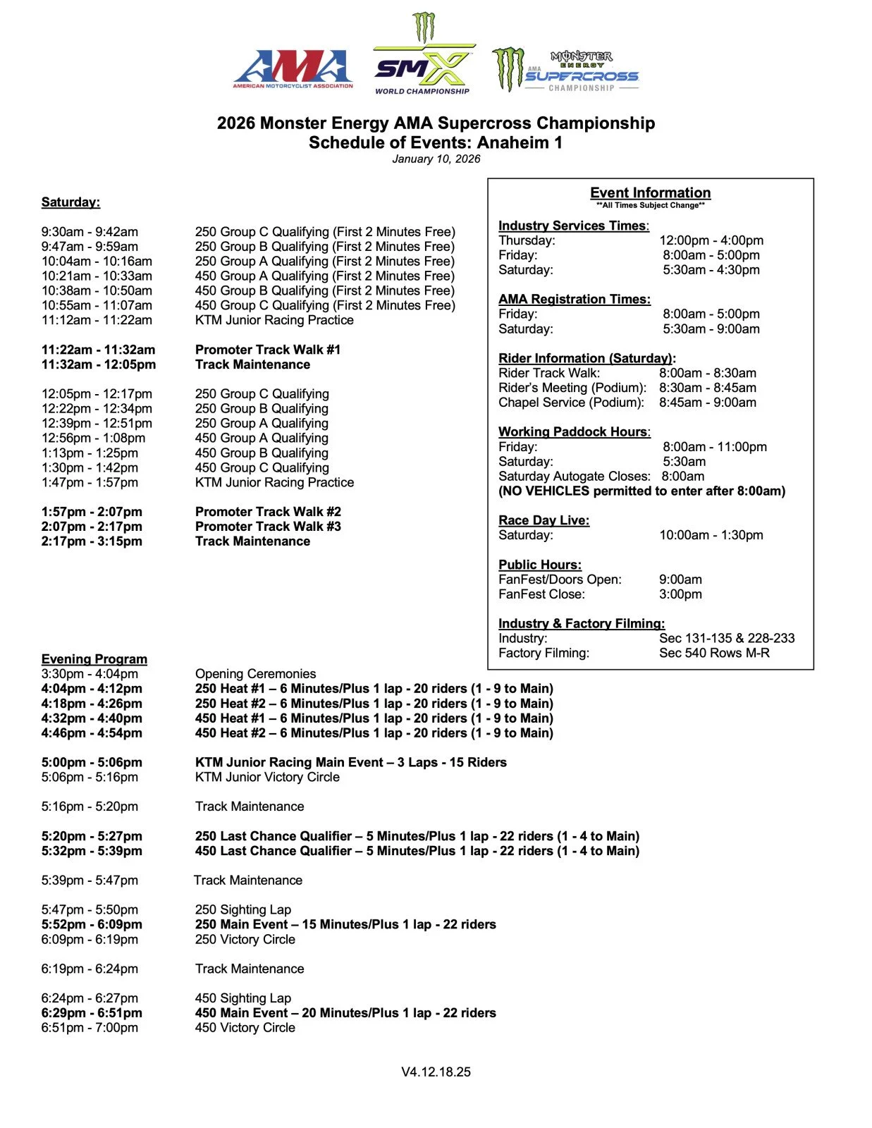 A1 schedule Supercross