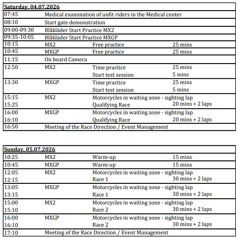Saturday and Sunday schedule MXGP