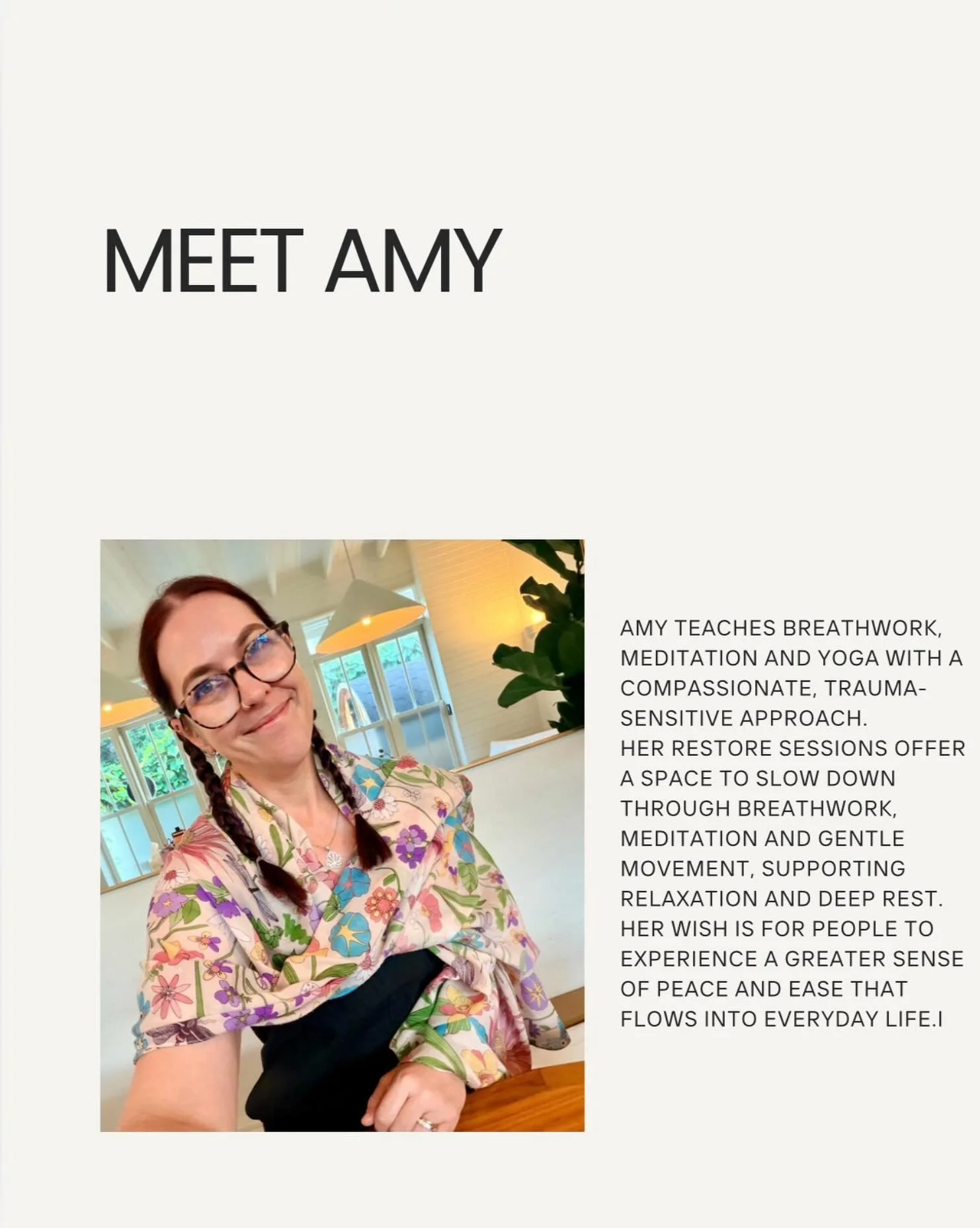 Meet Amy, who gently guides our Sunday evening breathwork sessions. Find a cozy spot, bring a blanket and pillow, and an eye covering if that feels comfortable. Then settle in for 45 minutes of guided practice. A little time to breathe, unwind, and e