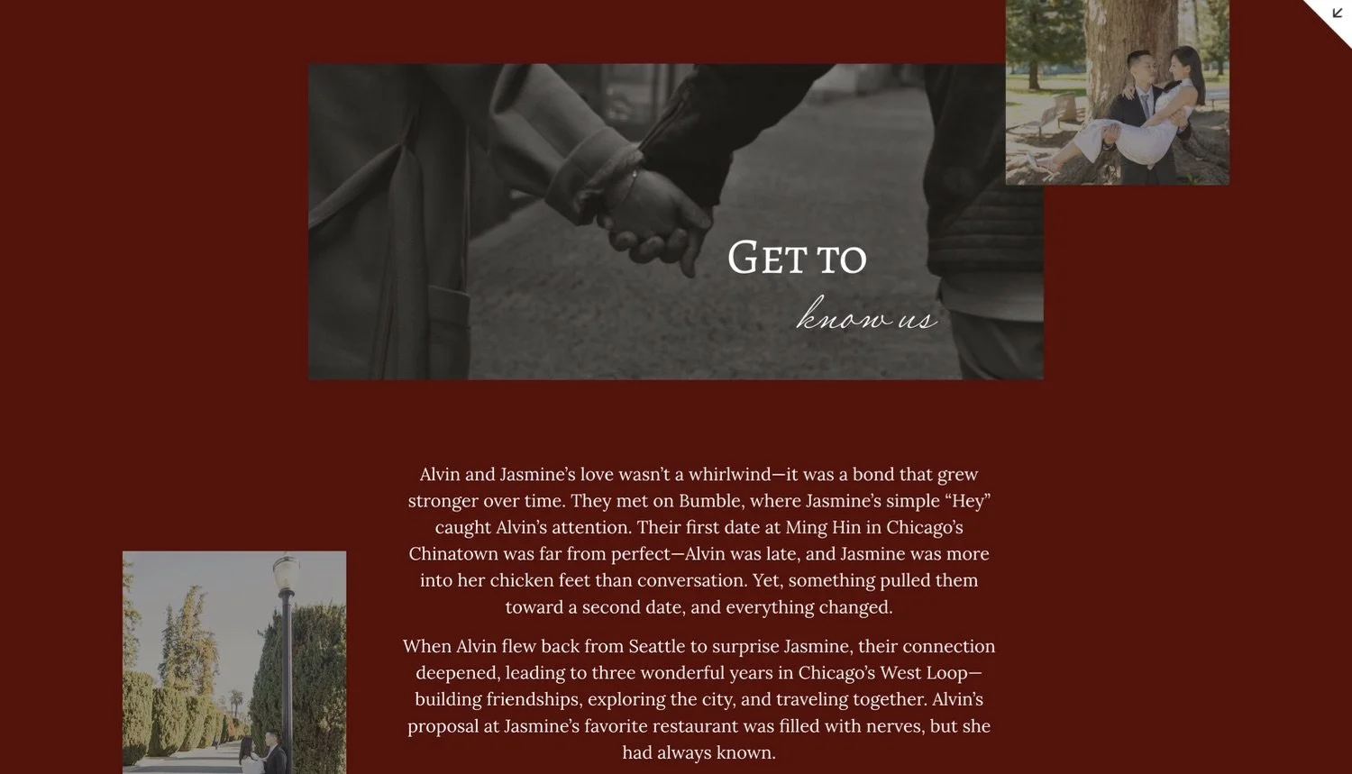 A webpage with a romantic story of Alvin and Jasmine, featuring a large black-and-white photo of two people holding hands and smaller images of a couple hugging outdoors and a person sitting on a bench under a streetlamp.