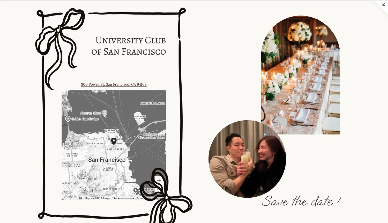 Event invitation for University Club of San Francisco featuring a map of San Francisco, images of a decorated dining table and a couple with drinks, and the text 'Save the date!'