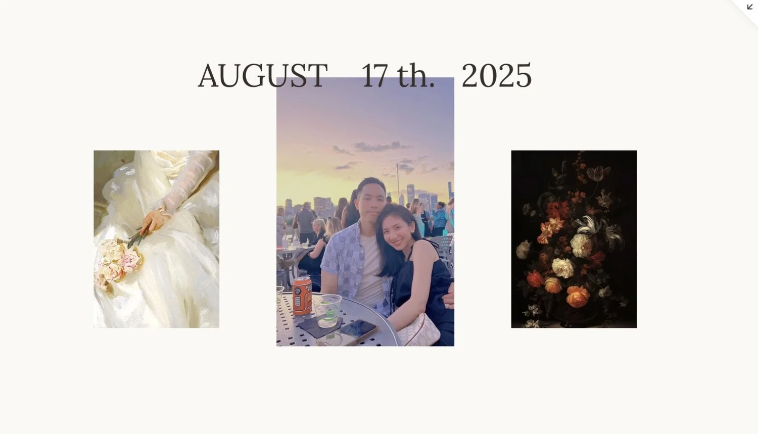 Design featuring the date August 17th, 2025, with a central photo of a smiling couple at an outdoor event during sunset, flanked by two floral artworks on either side.