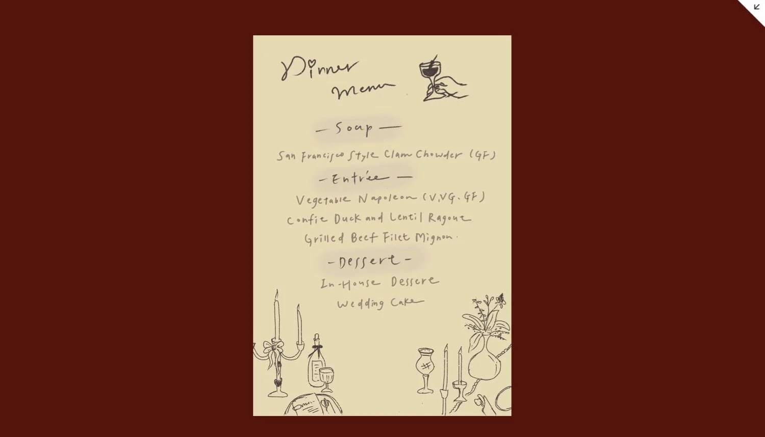 Handwritten dinner menu on a beige sheet with illustrations of wine glasses, candles, and flowers at the top and bottom.