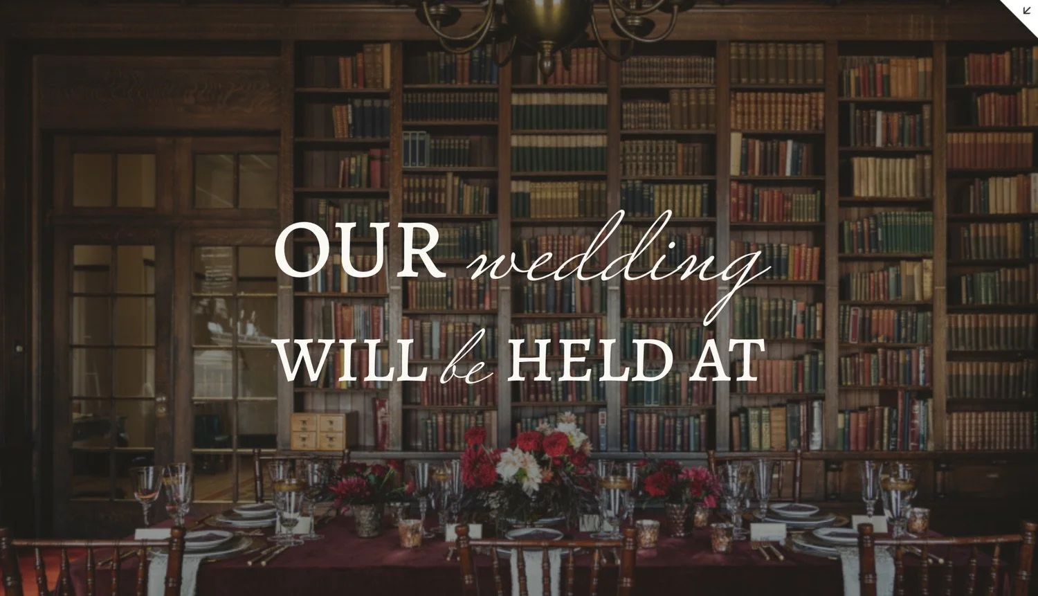 A wedding invitation with a background of a wooden bookshelf filled with books and a table set with floral centerpieces and glassware.
