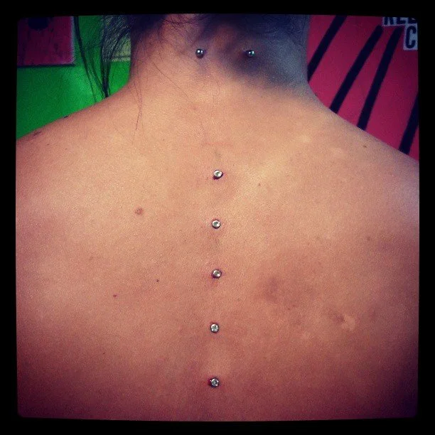 Back of a person's neck and shoulders with a vertical row of five dermal piercings in the upper back.