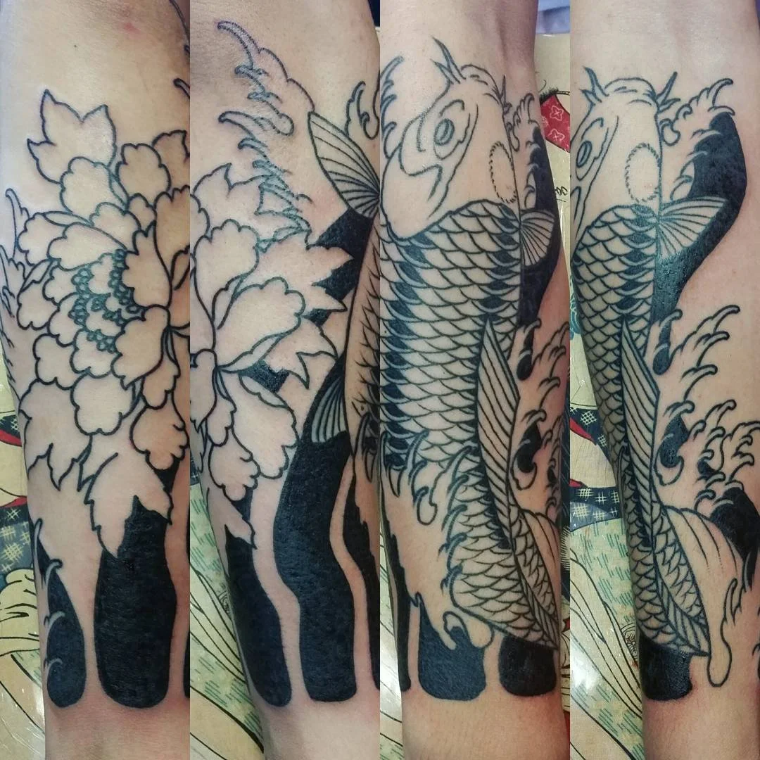 Tattoo of a koi fish swimming among waves on a person's arm, shown in multiple angles.