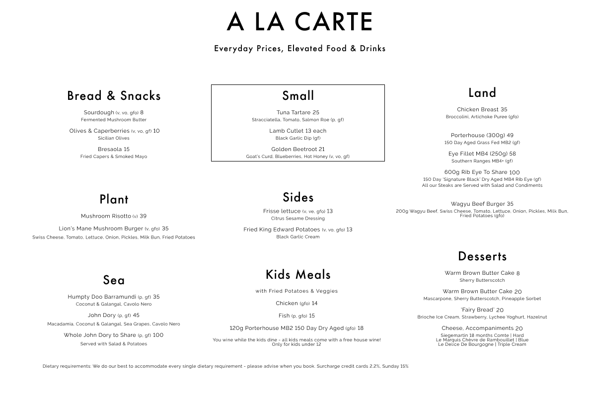 A La Carte Menu
