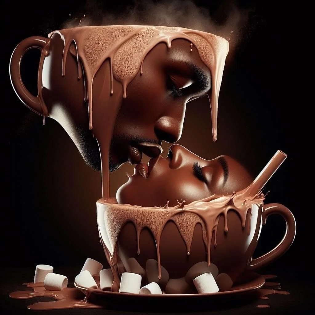 Une peinture réaliste représentant deux visages de femmes, l'un dans une tasse de chocolat chaud avec de la mousse, et l'autre en dehors, presque touchant leur bouche, avec du chocolat coulant de la tasse.