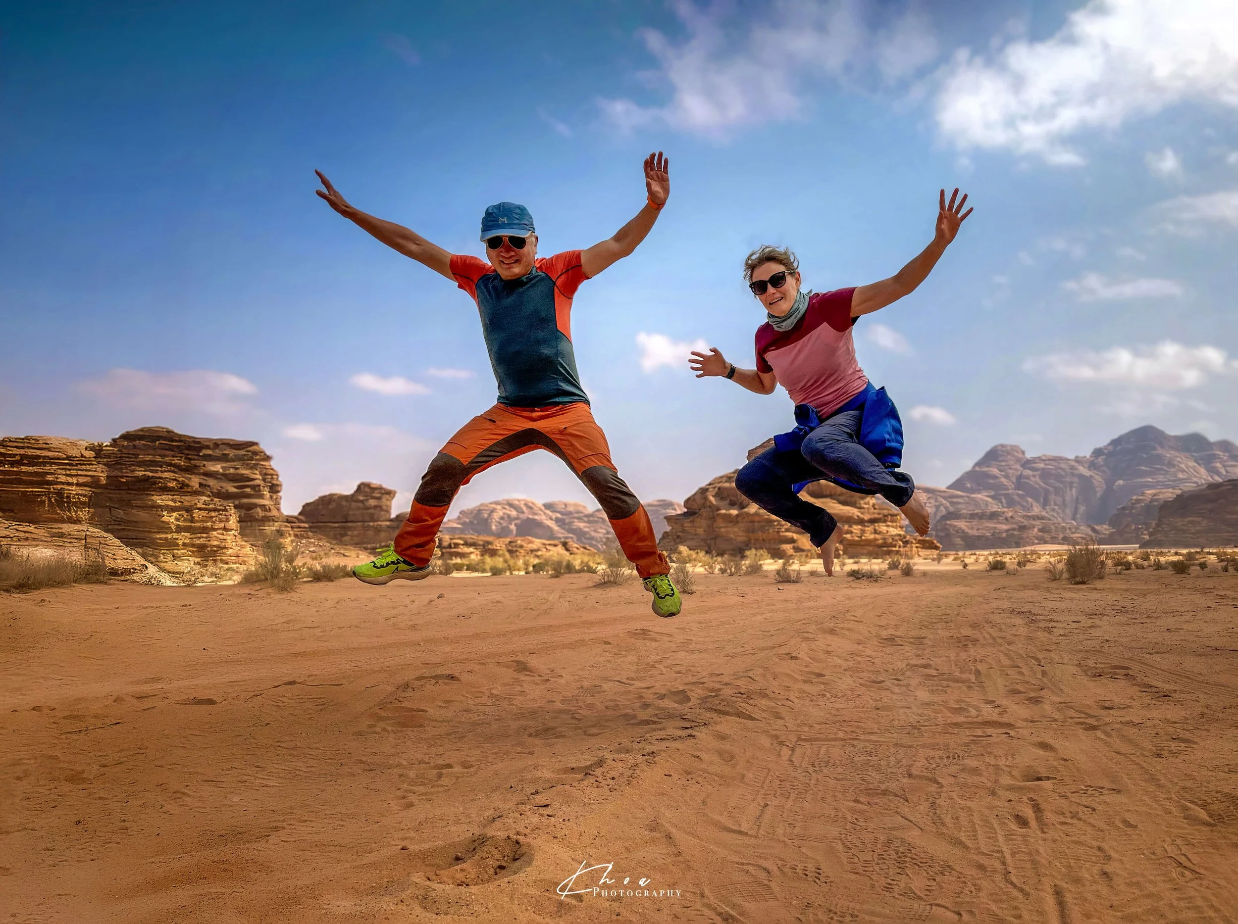 Jumping High in Wadi Rum Desert, Jordan