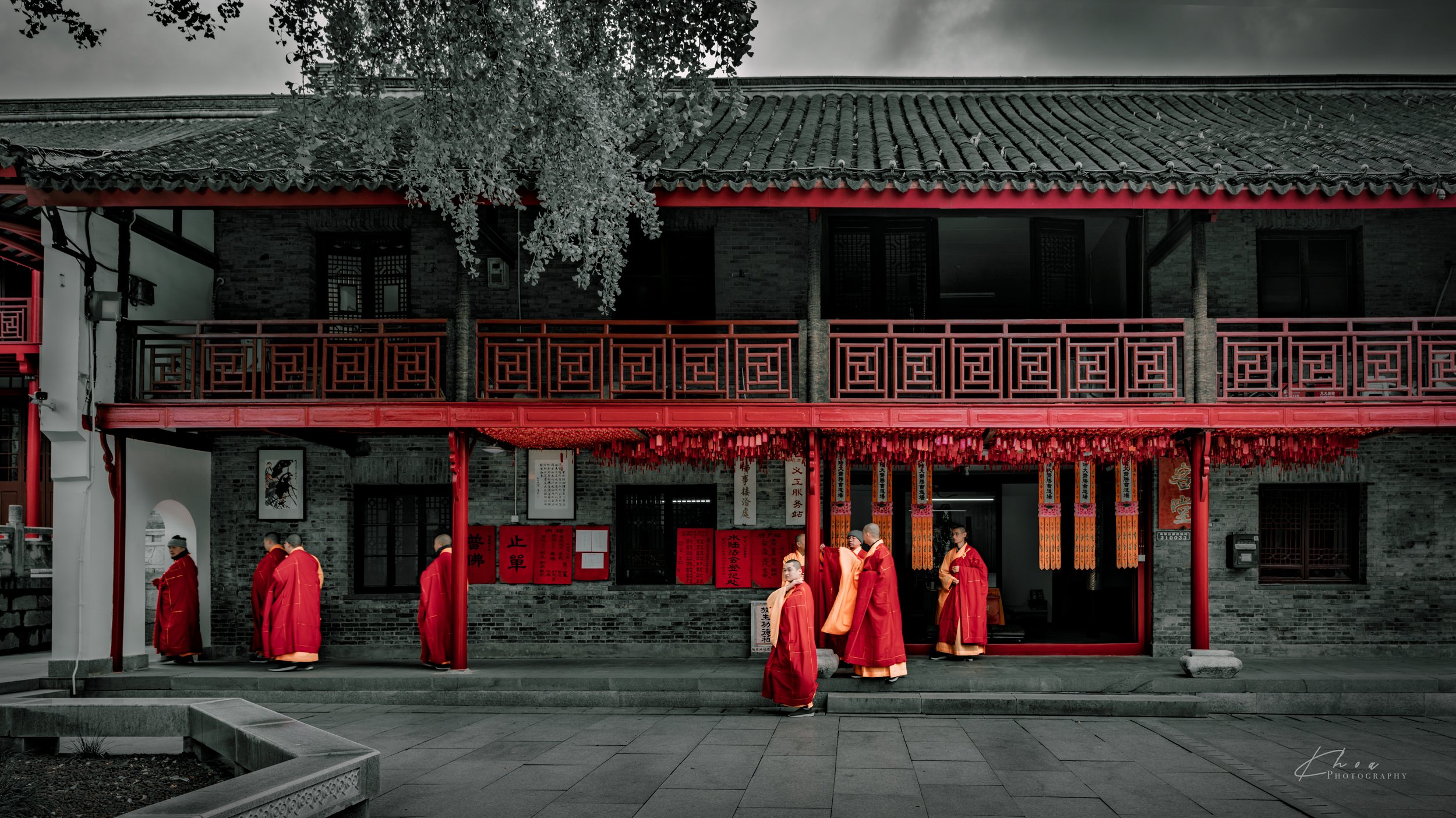 Monks on their way to prayers, Qixia Temple, Nanjing, China