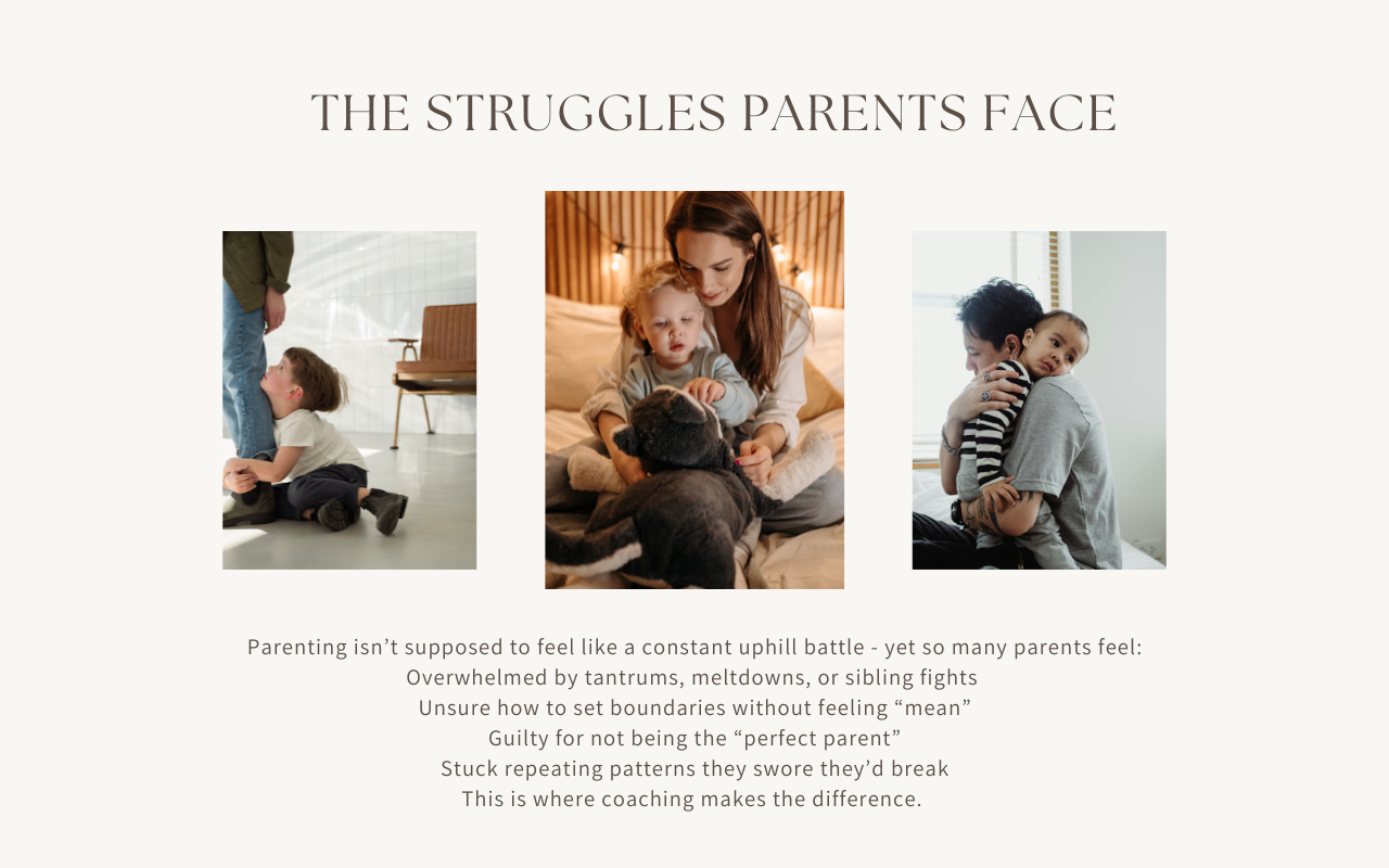 Three photos illustrating parental struggles, with a caption discussing the challenges of parenting and how coaching helps.