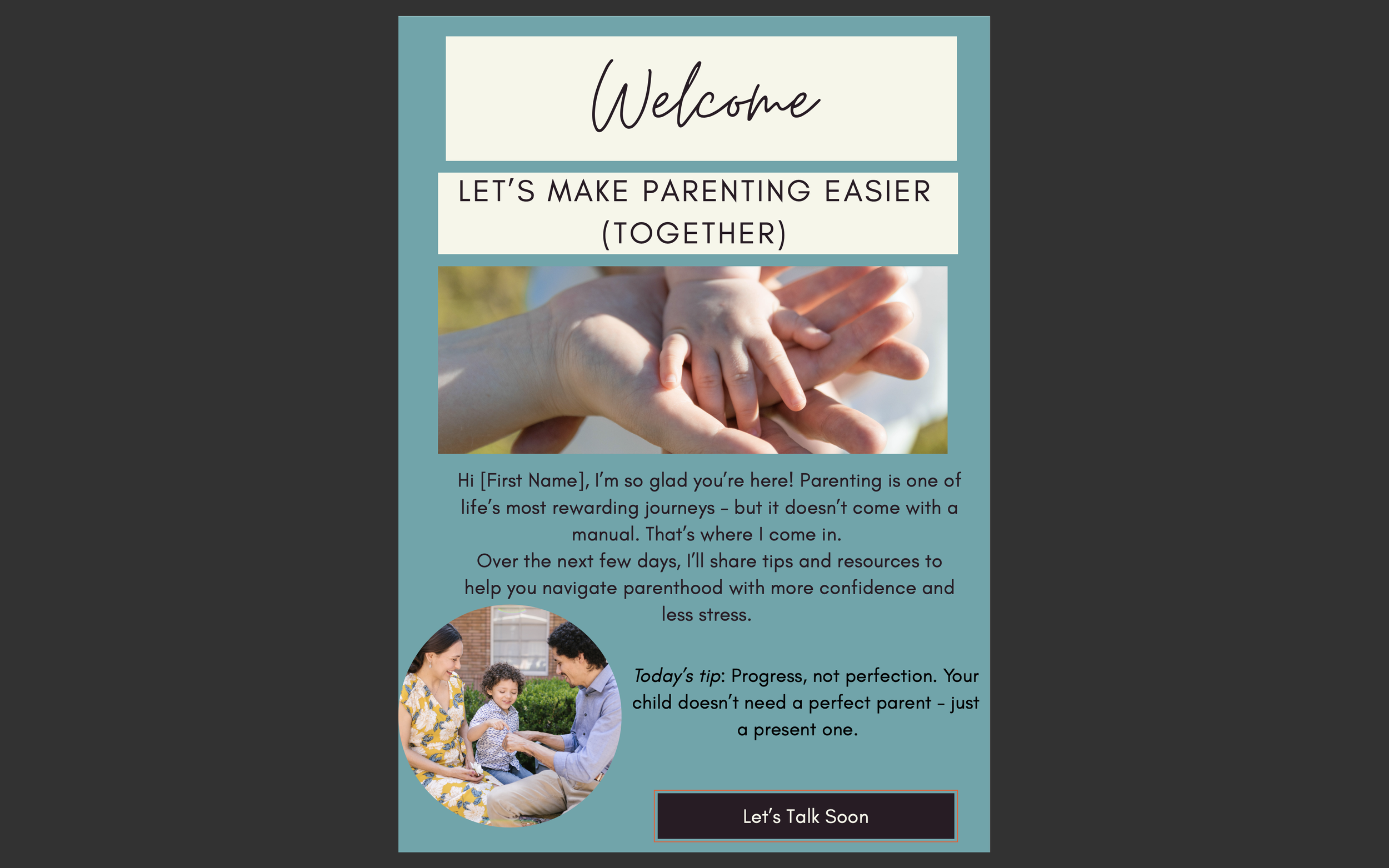 A welcoming brochure for parenting support featuring a photo of a parent holding a child's hand, a smaller image of a family with a child, and a button that says "Let's Talk Soon."