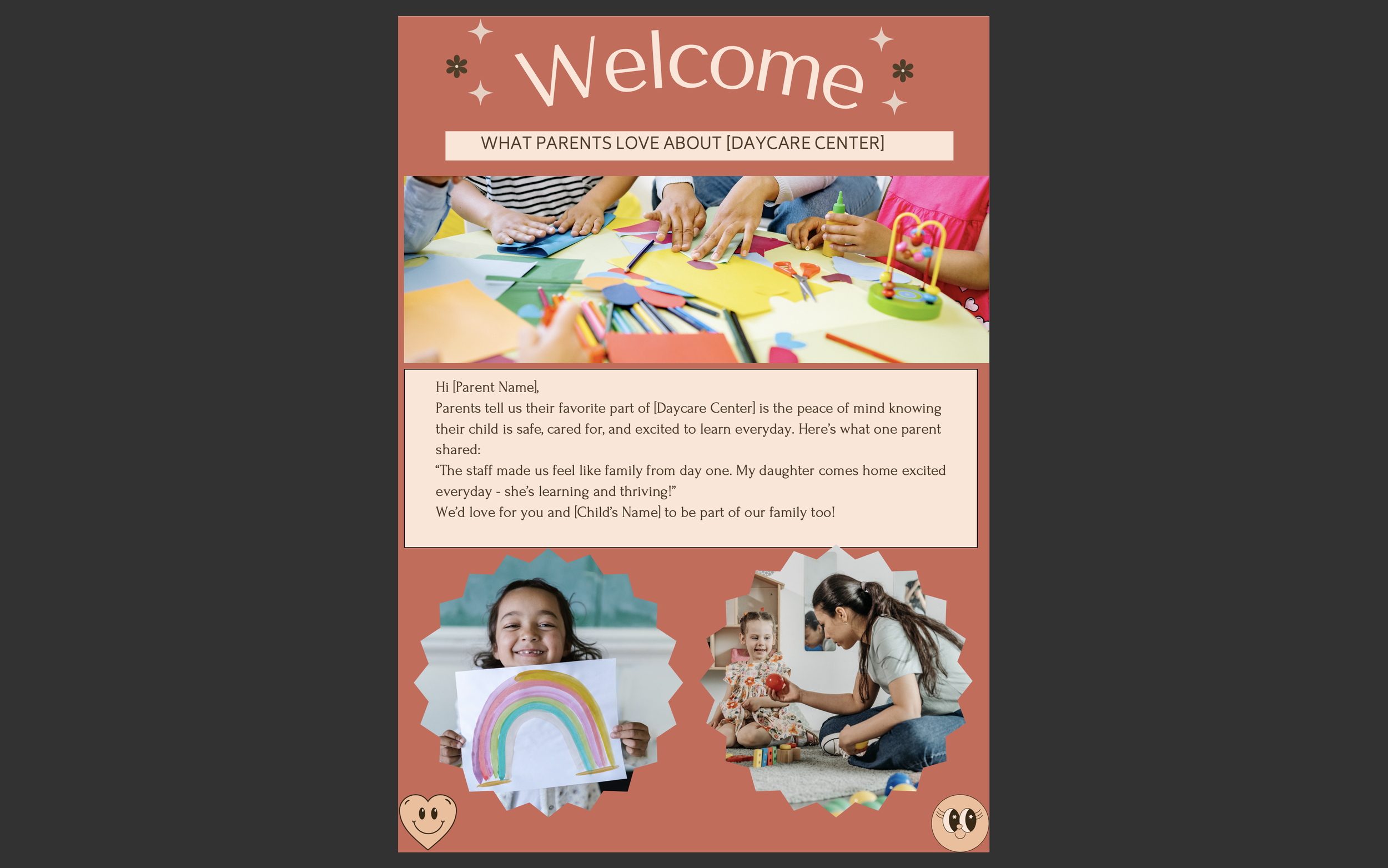 A colorful daycare center flyer with a table of children’s hands creating craft projects, a girl holding a rainbow drawing, and a woman playing with a child, featuring warm pink and orange tones, stars, and heart icons.