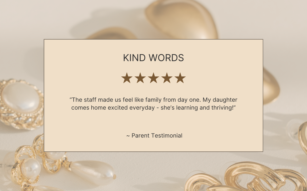 A testimonial about kind words on a beige background with jewelry in the background.
