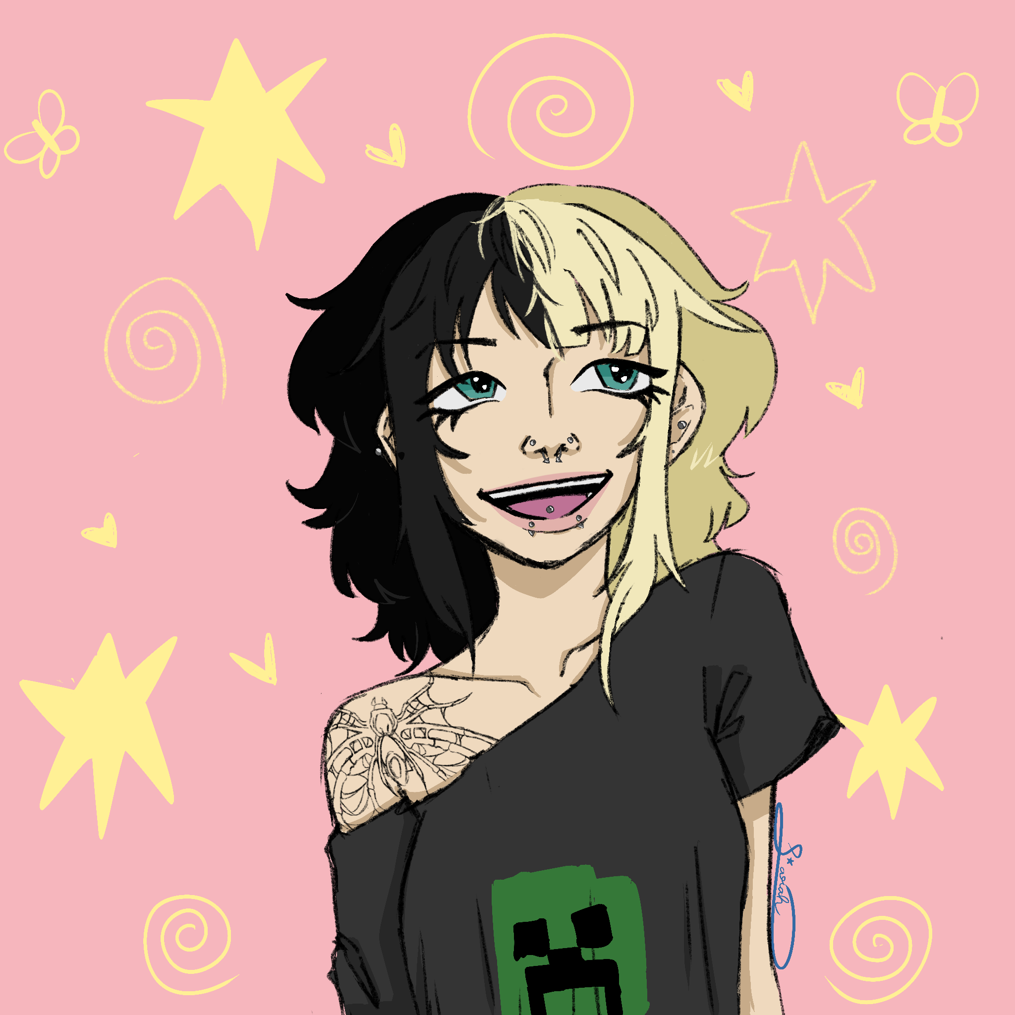 Digital illustration of a person with black and blonde hair, multiple facial piercings, and tattoos, smiling with a pink background decorated with yellow stars, hearts, and swirls.