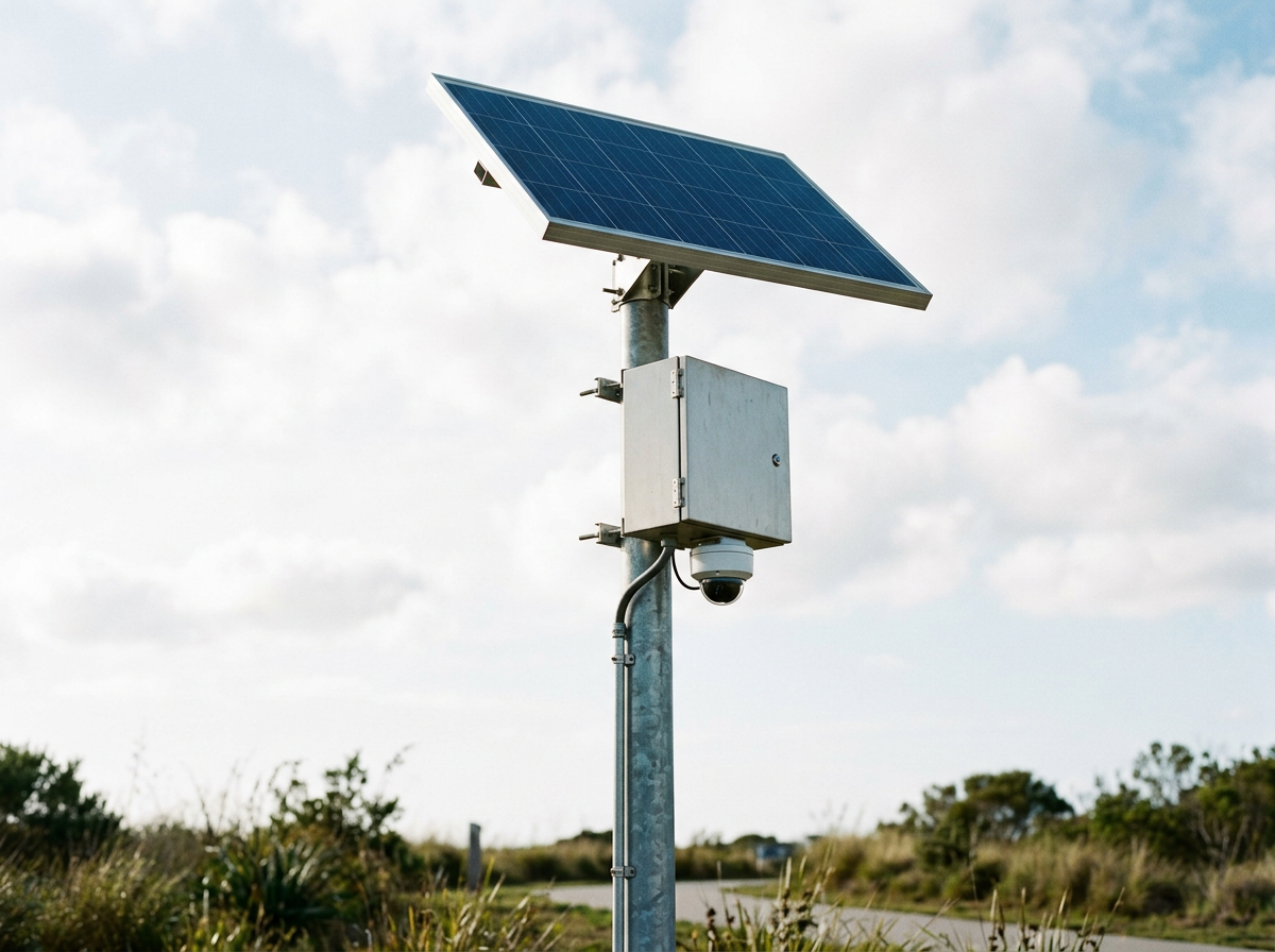 A solar-powered weather station with a solar panel, a metal box, and a security camera installed outdoors with a cloudy sky and some trees in the background.