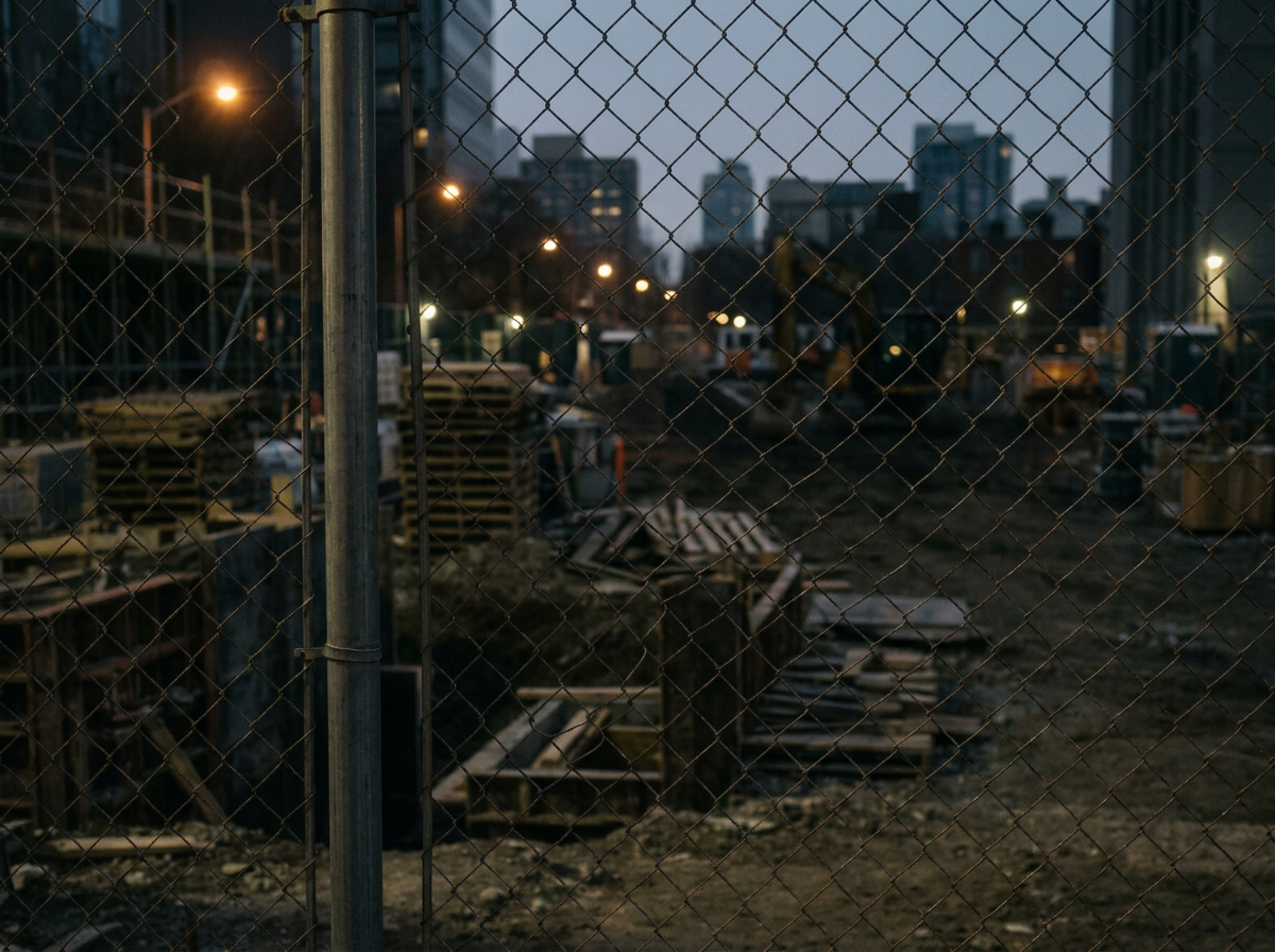 View of a construction site at dusk, seen through a chain-link fence, with construction materials and equipment scattered around, and city buildings in the background.