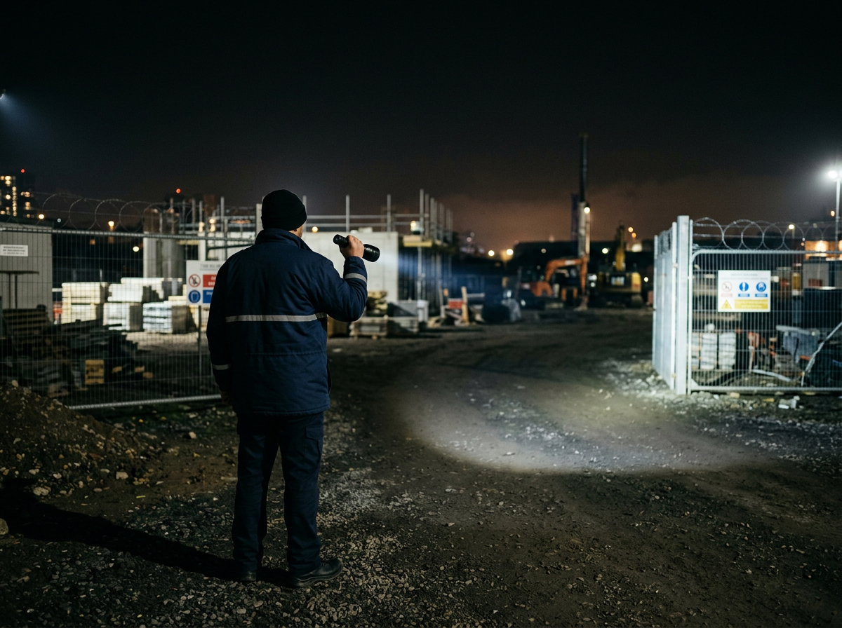 A person in dark clothing and a beanie holding a flashlight and inspecting a construction site at night, with construction equipment and materials enclosed by a metal fence.