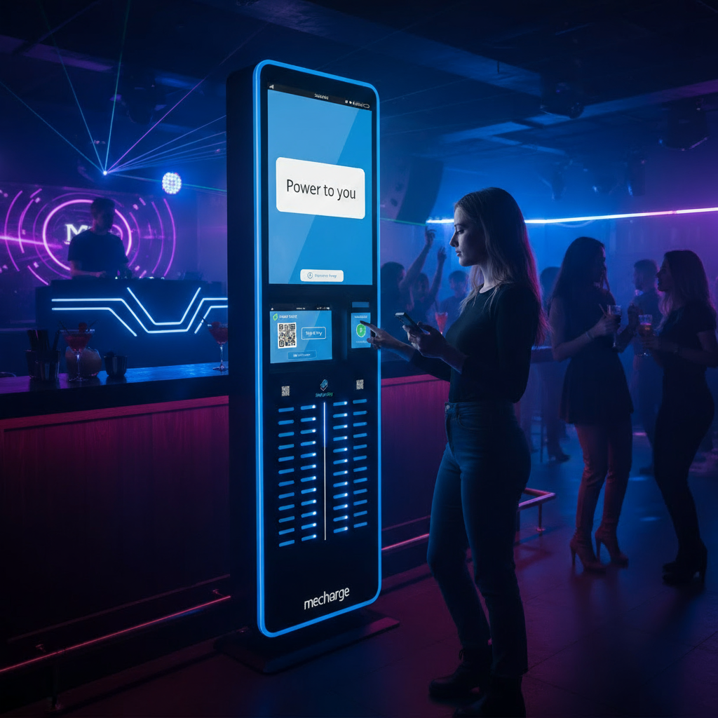 A woman standing next to a digital payment kiosk in a nightclub, with a neon-lit DJ booth in the background and other people dancing and socializing.