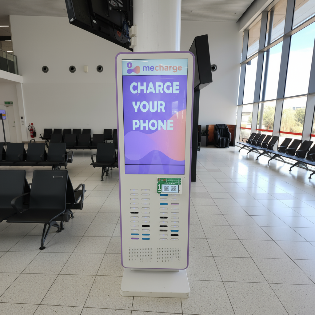 Digital kiosk in an airport terminal with a screen displaying a message to charge your phone, next to rows of black chairs near large windows.