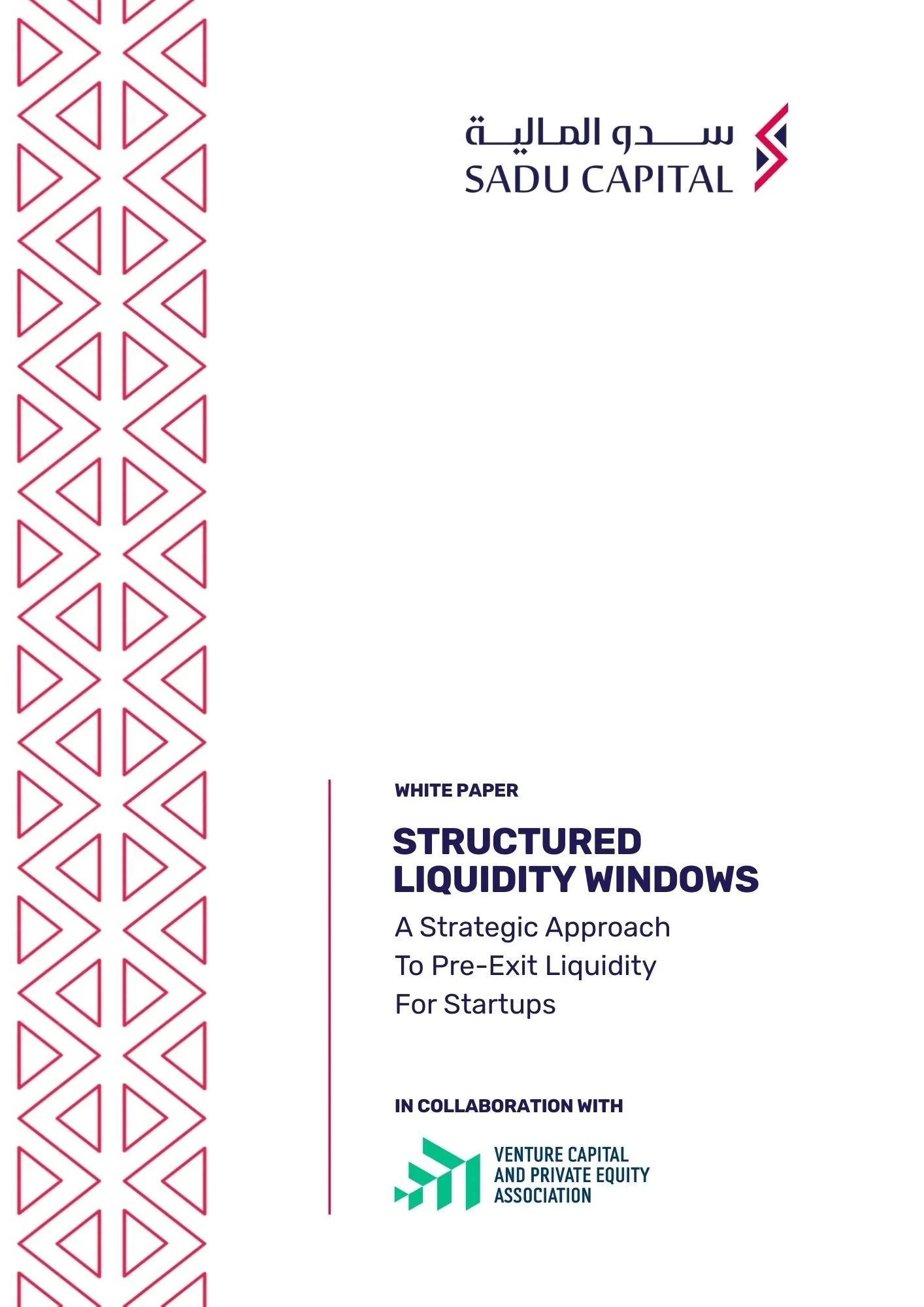 Cover page of a white paper titled 'Structured Liquidity Windows' by Sadu Capital in collaboration with Venture Capital and Private Equity Association. Features a red geometric design on the left side and text in both Arabic and English.