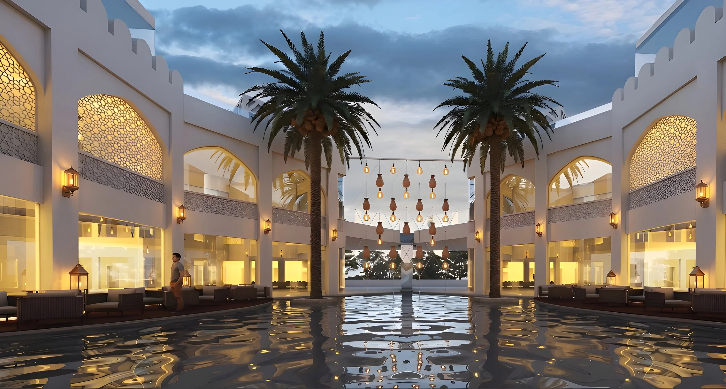 Beautiful Mediterranean bistro view with a pool in the center, and Arabic arches and mashrabiya screens enveloping the side corridors.
