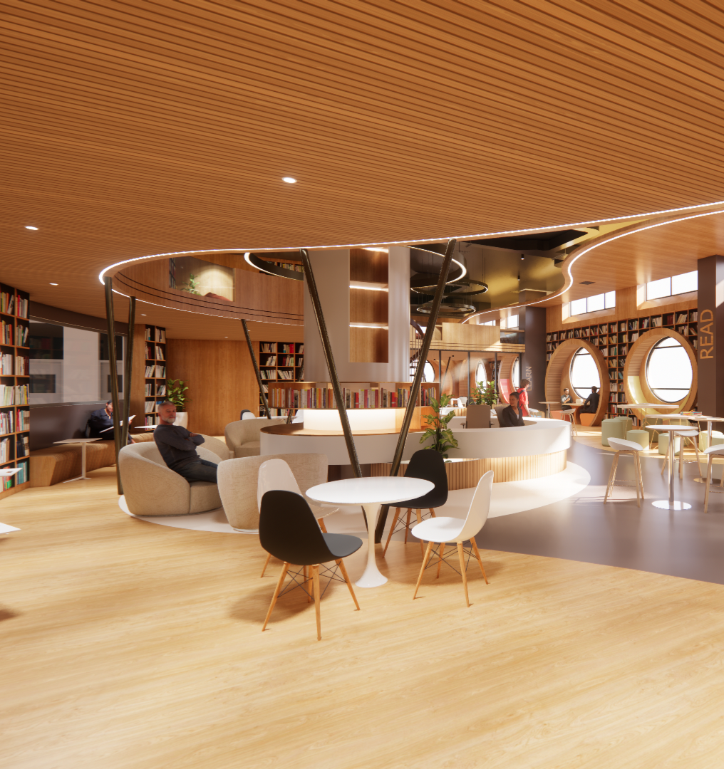 Modern library or reading lounge with wooden ceiling and floors, circular seating areas, bookshelves, and large circular windows. People are sitting and reading.