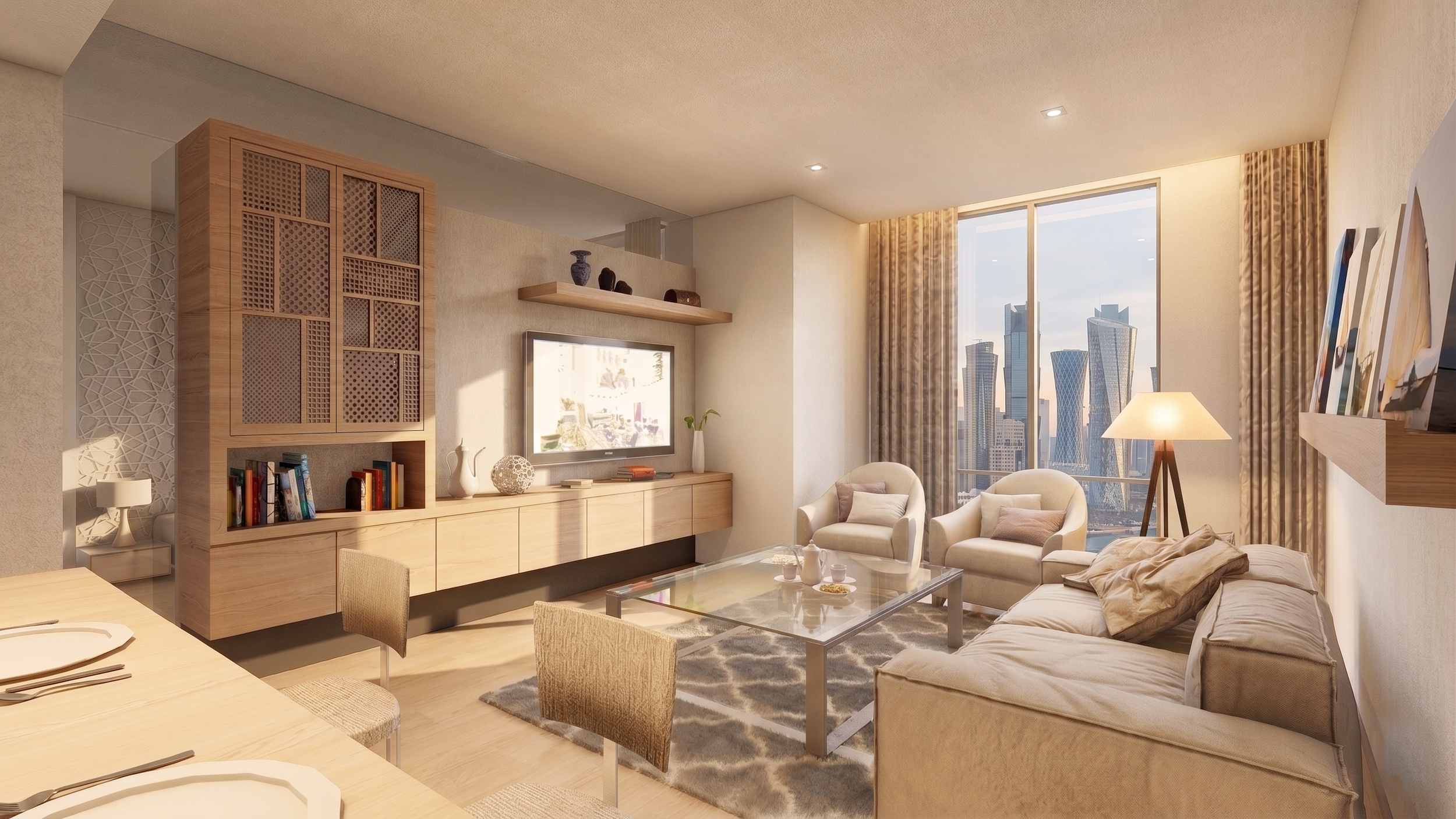 Living room with sofa set and wooden tv unit