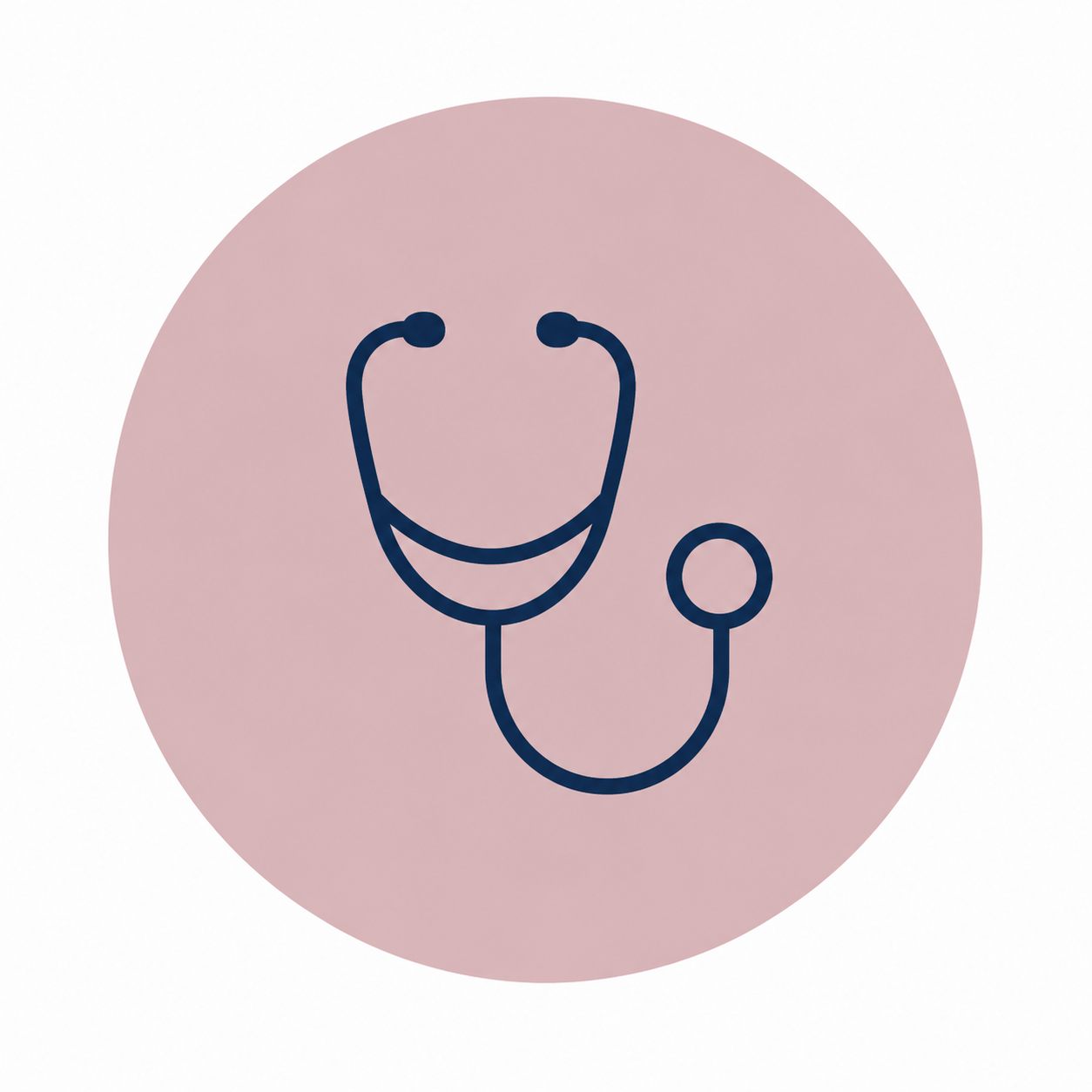 Icon of a stethoscope on a pink circular background, representing healthcare or medical services. Medical clinic services, women's health, menopause, perimenopause