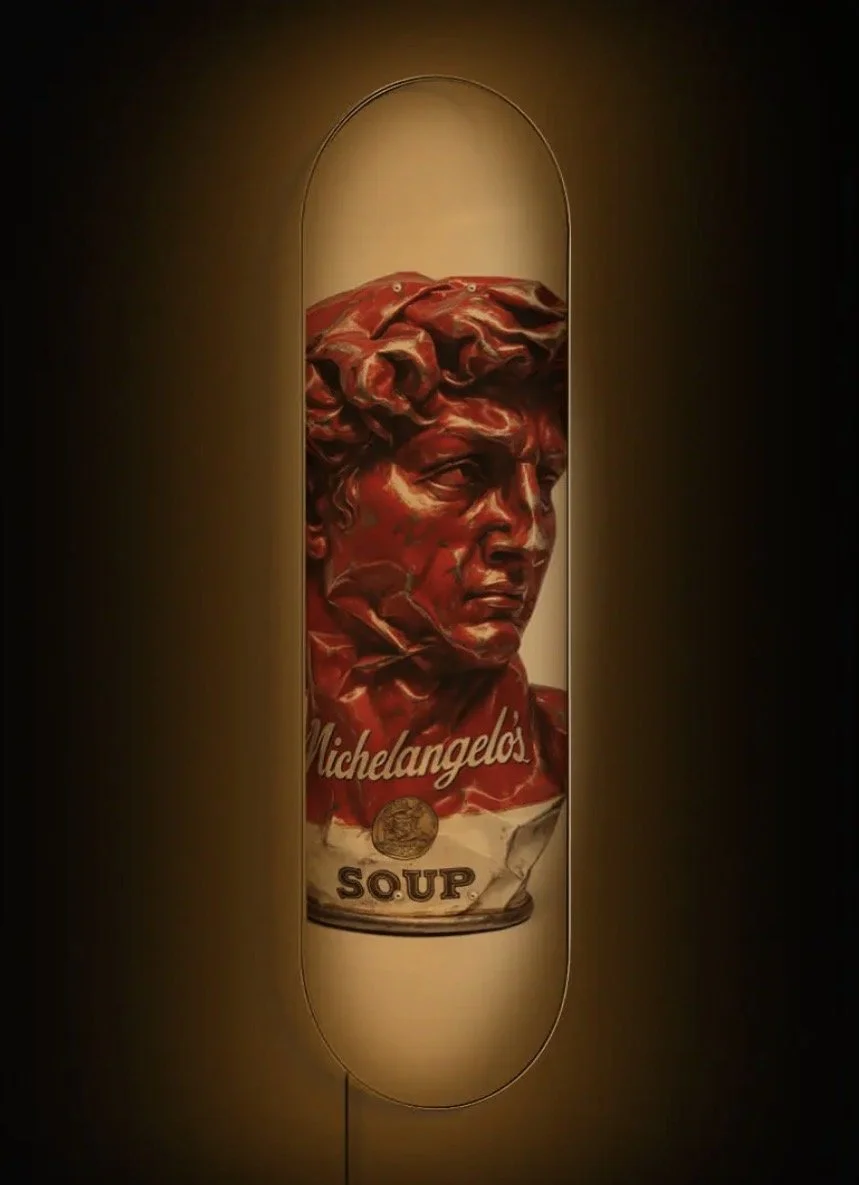 plexiglas skateboard lampa med motiv av michelangelos david med led belysning i mörk miljö