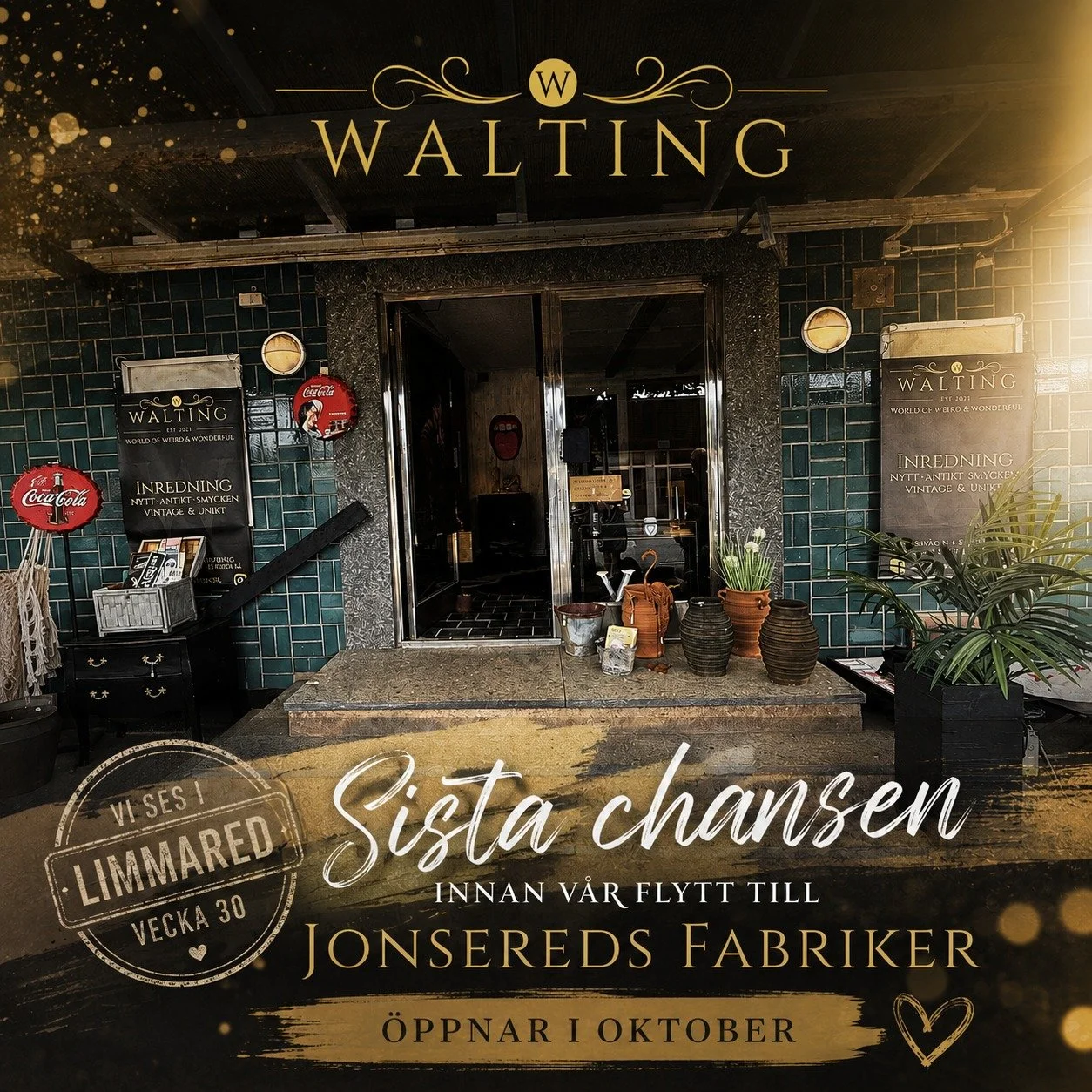 ✨ Vi ses i Limmared &ndash; en sista g&aring;ng innan flytten till Jonsereds Fabriker.

Vecka 30 &auml;r vi tillbaka p&aring; Antikveckan med handplockade fynd, vintage och udda ting.

I oktober &ouml;ppnar ett nytt kapitel i Jonsereds Fabriker &ndas