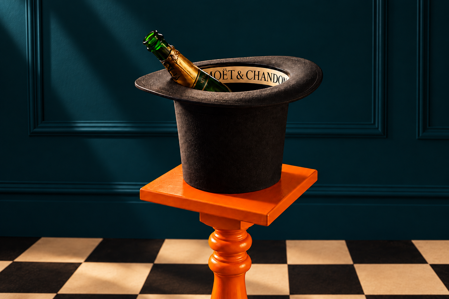 Svart cylinderhatt  som är en champagnekylare, med champagneflaska på ett orange sidobord. Humoristisk och annorlunda inredning hos Walting.