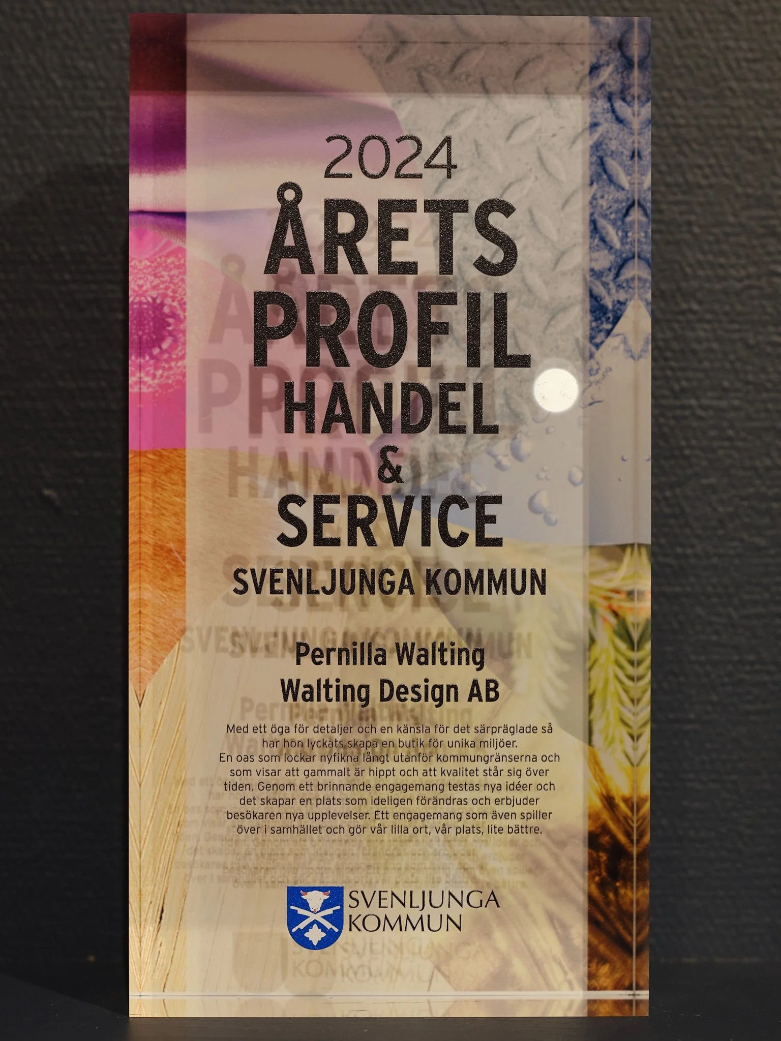 Informationsblad om 2024 års profilhandel och service i Svenljunga kommun, med text om Pernilla Walting och Walting Design AB.