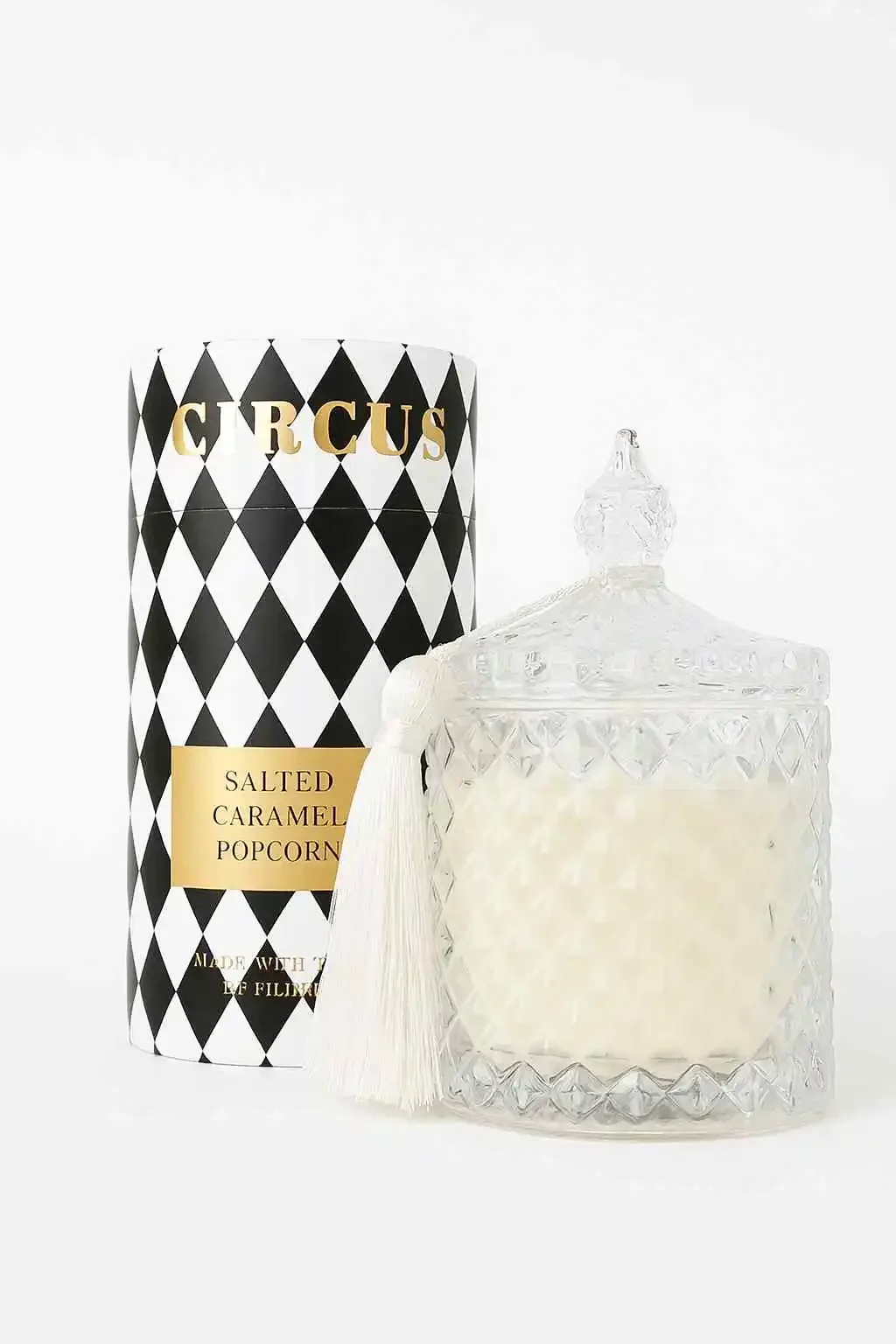 Doftljus Circus Candle Black med doft av salted caramel popcorn i dekorativ glasburk