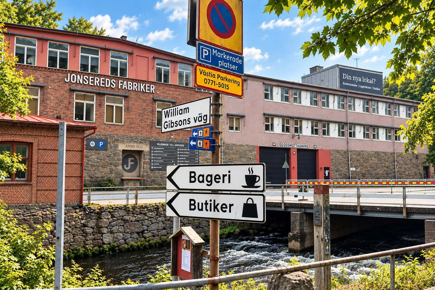 Vägskylt mot Bageri vid Jonsereds Fabriker på William Gibsons väg i Jonsered.