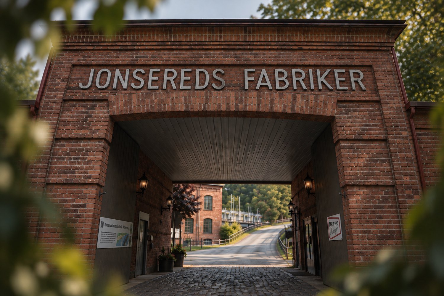 Entrén till Jonsereds Fabriker med den historiska tegelporten och vägen in i fabriksområdet.