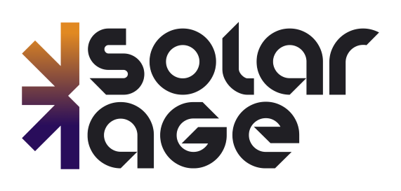 Logo with the words 'Solar Age' and a stylized sun symbol in shades of orange, brown, purple, and black.