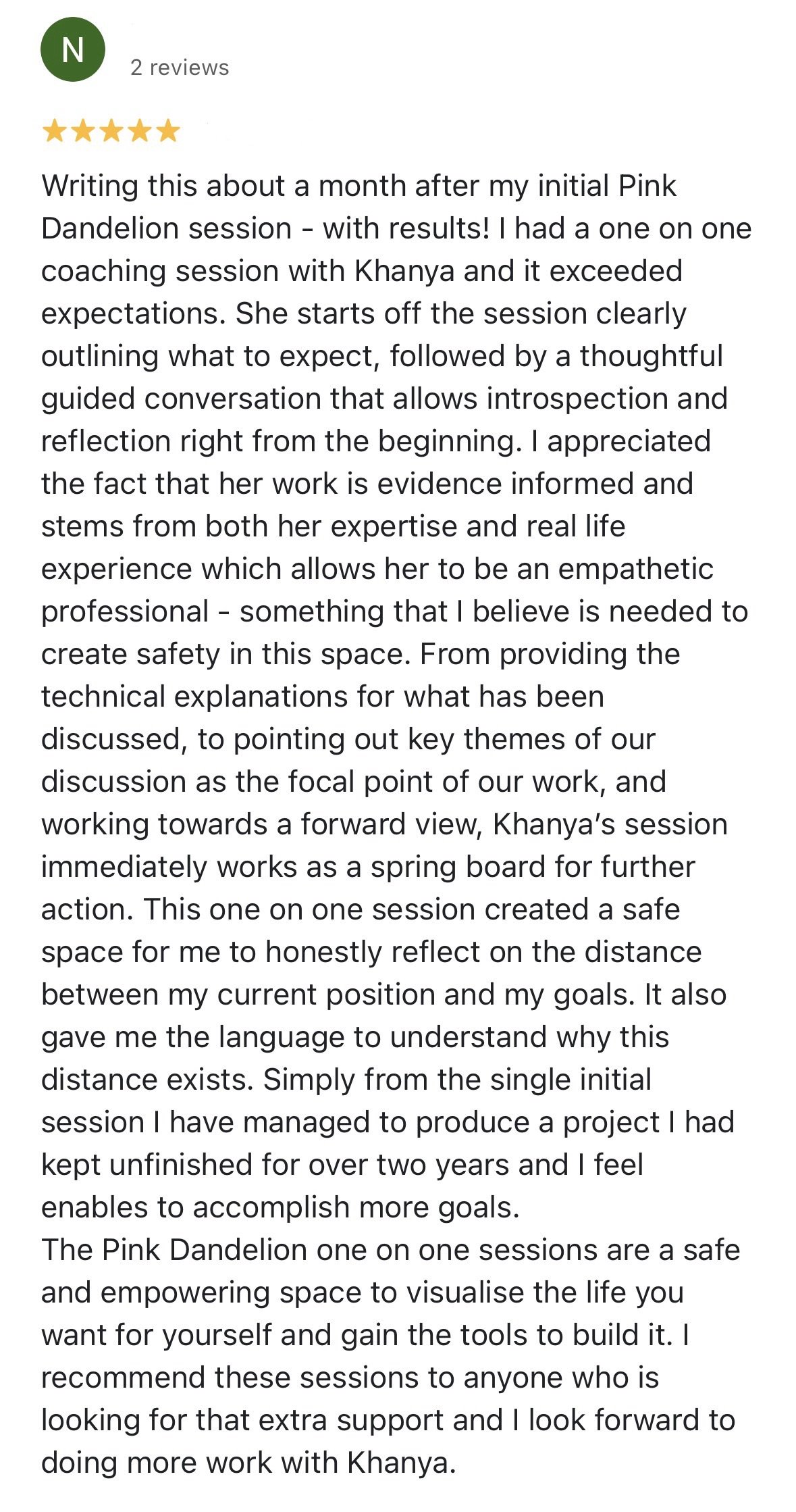Screenshot of an older five-star Google review for Pink Dandelion, a client sharing positive feedback about her experience with Khanya.
