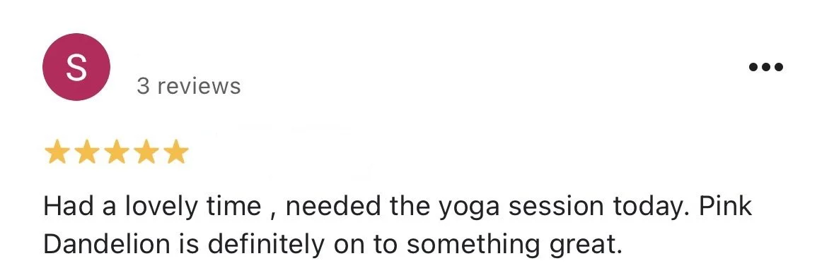 Customer review with 5 stars for a yoga session mentioning pink dandelion.