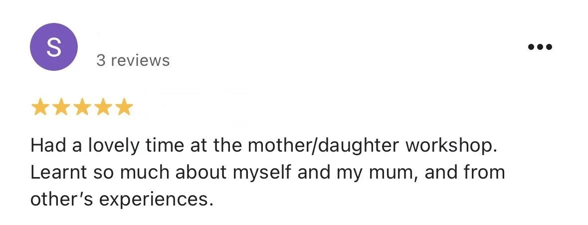 Screenshot of a Facebook review with a five-star rating, praising a mother/daughter workshop.