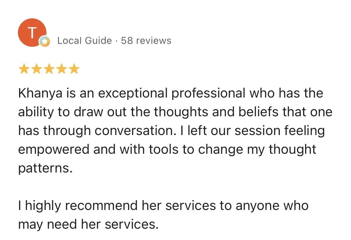Review for Khanya from a local guide with five stars, praising her professionalism, ability to understand thoughts and beliefs through conversation, and recommending her services.