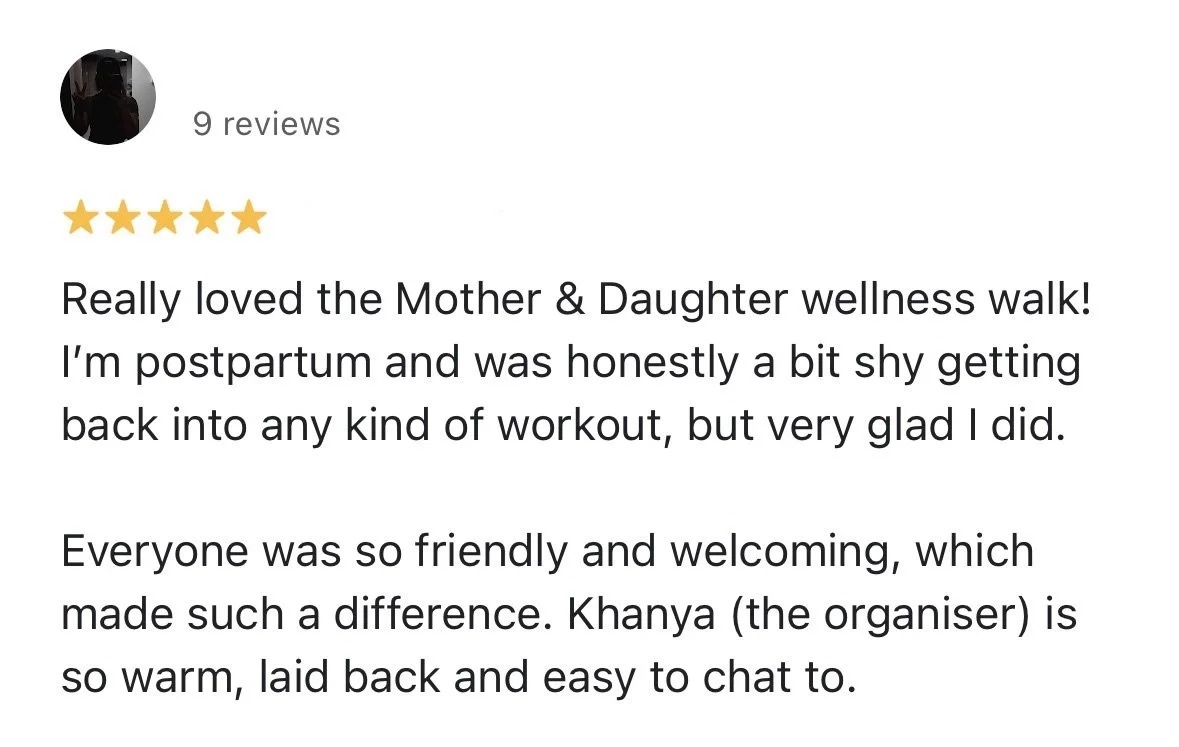 Review with five stars for a Mother & Daughter wellness walk, describing a positive experience with friendly organizers, especially Khanya.
