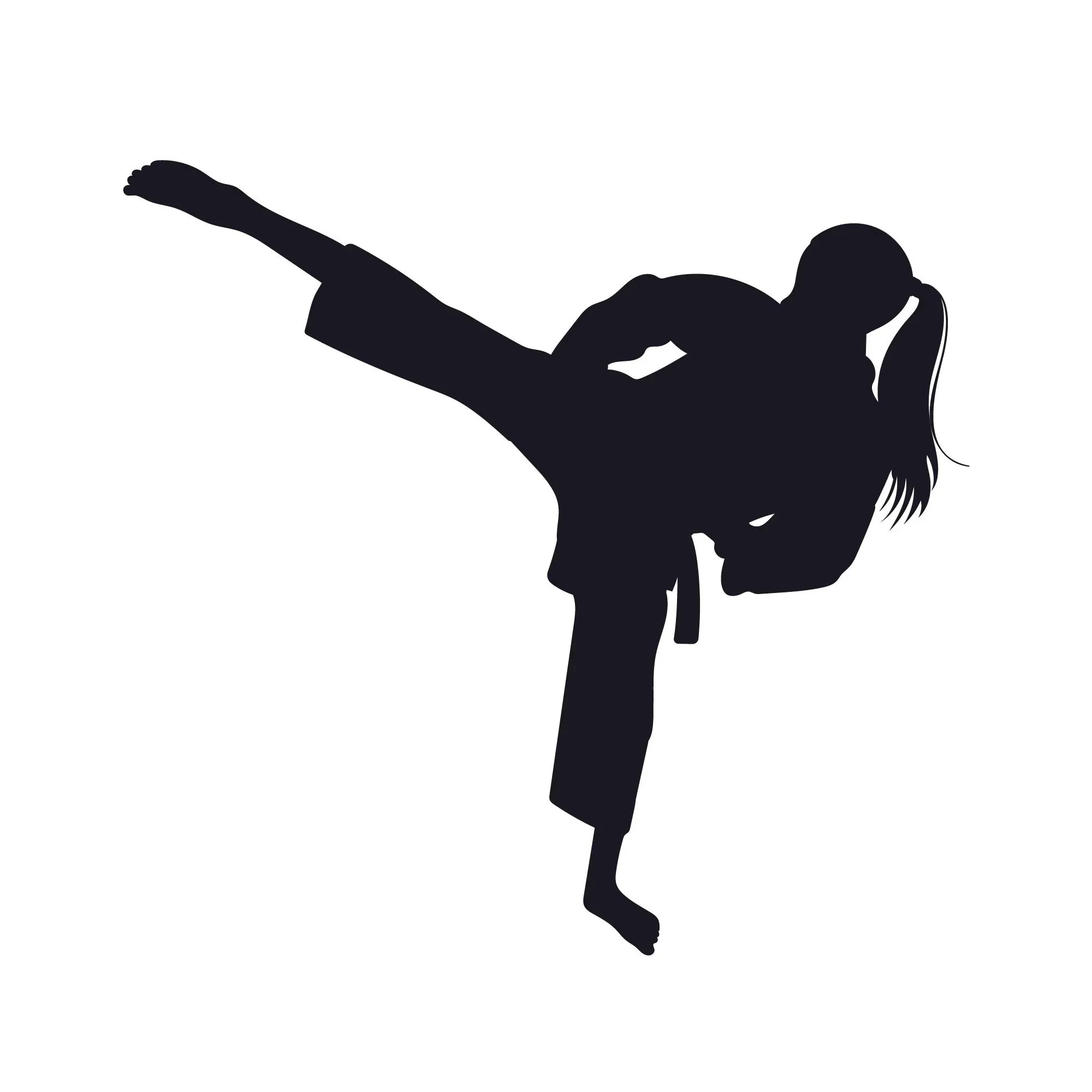 Silhouette of a young girl performing a martial arts move, balancing on one leg with her other leg extended straight out.