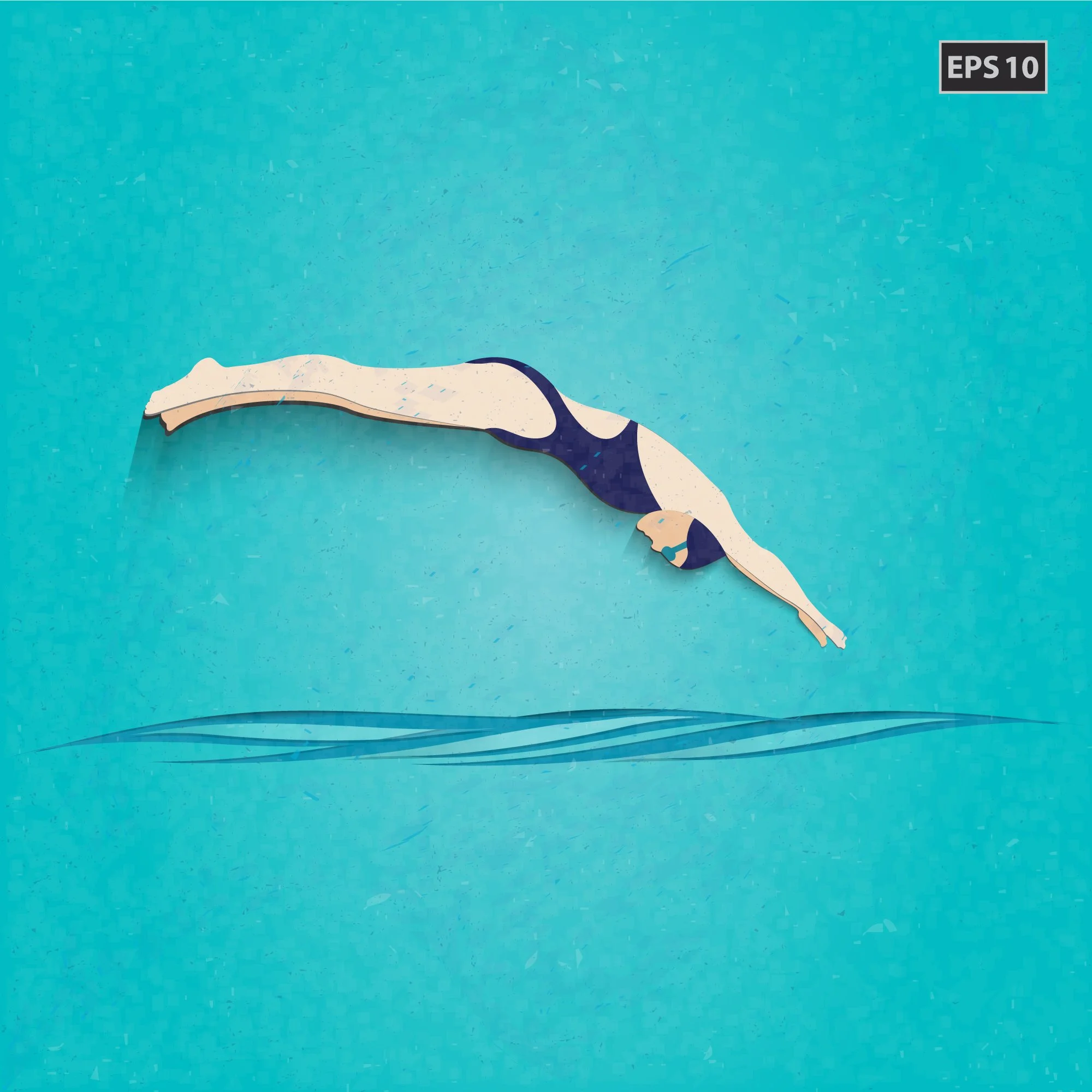Illustration of a person diving into water, with simplified graphics and shades of blue in the background.