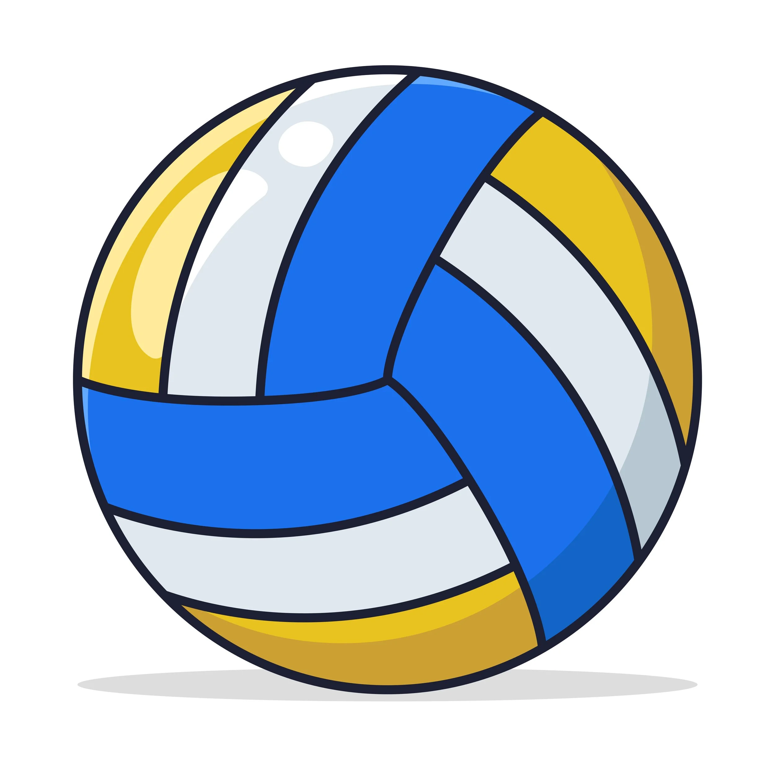 Illustration of a volleyball in blue, white, and gold colors with black outlines.