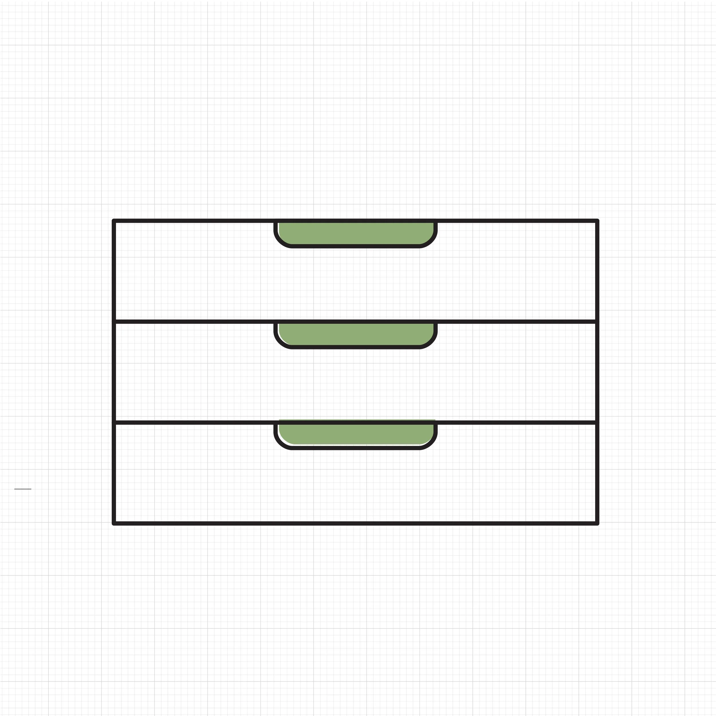 A simple illustration of a three-drawer storage unit with black outlines and green handles, set against a grid background.