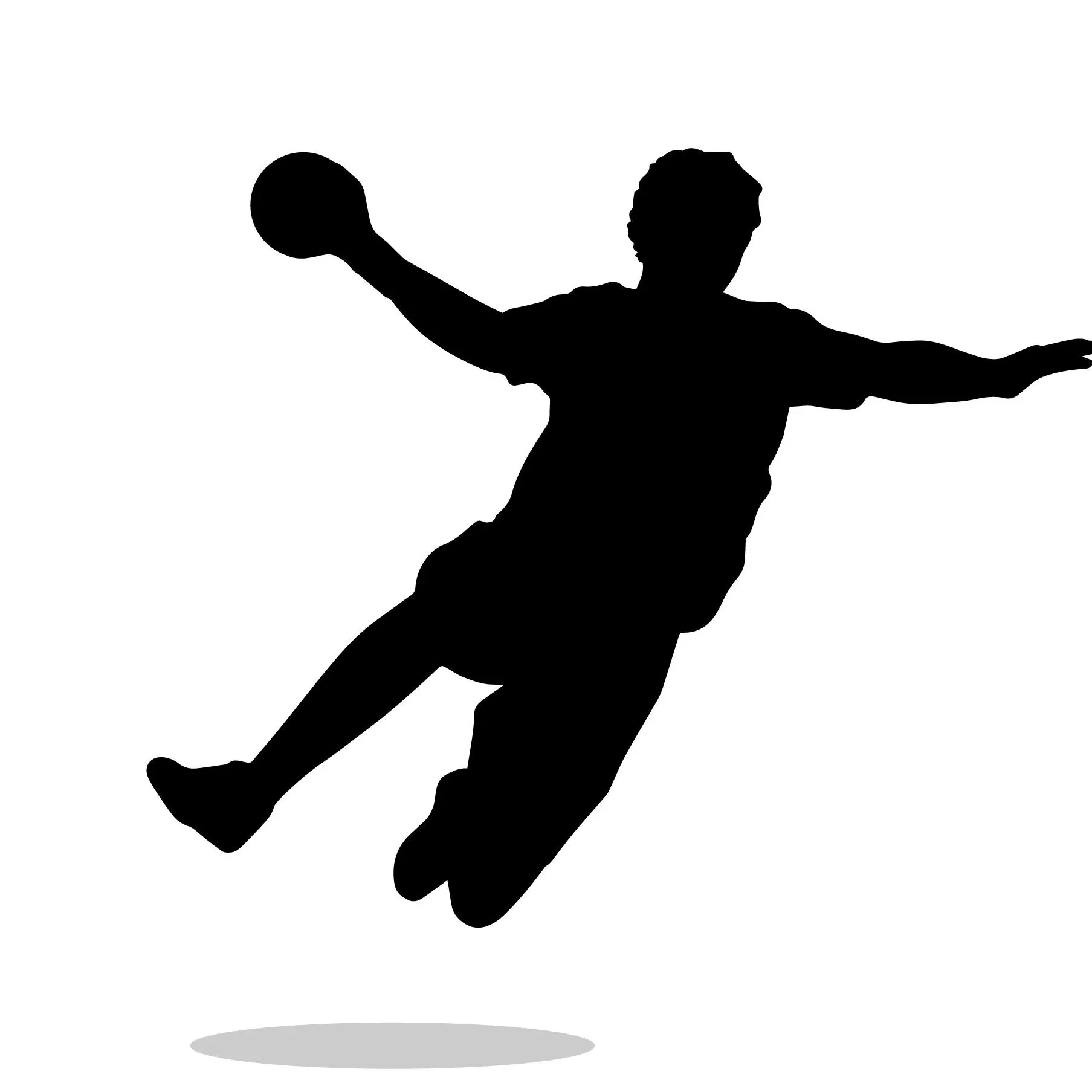 Silhouette of a boy jumping with a ball in his hand, arms outstretched, against a white background.