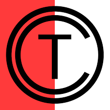 A circular logo divided in half with red on the left and white on the right, featuring a black capital 'T' in the center.