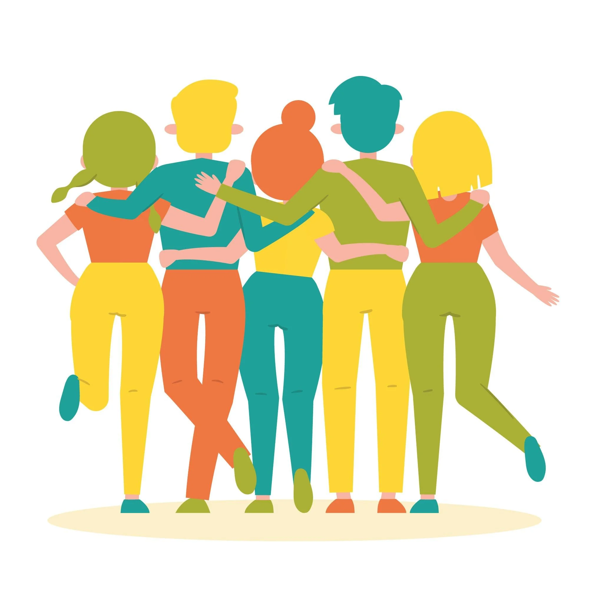Colorful illustration of five people with their arms around each other, seen from behind, standing together.