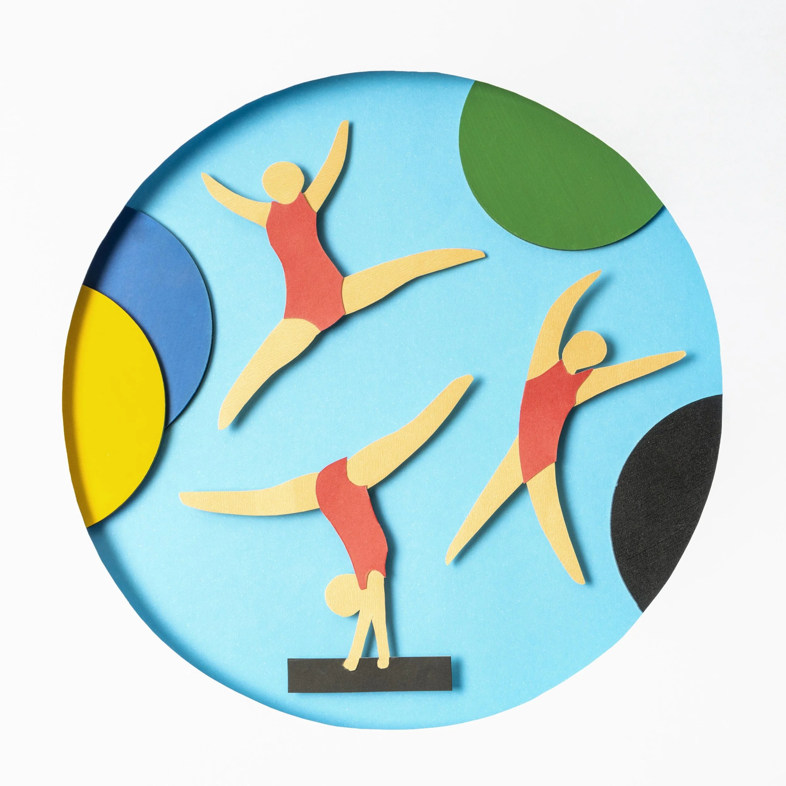 Colorful paper craft clock featuring three gymnasts in acro poses on a blue background with green, yellow, blue, and black decorative elements.